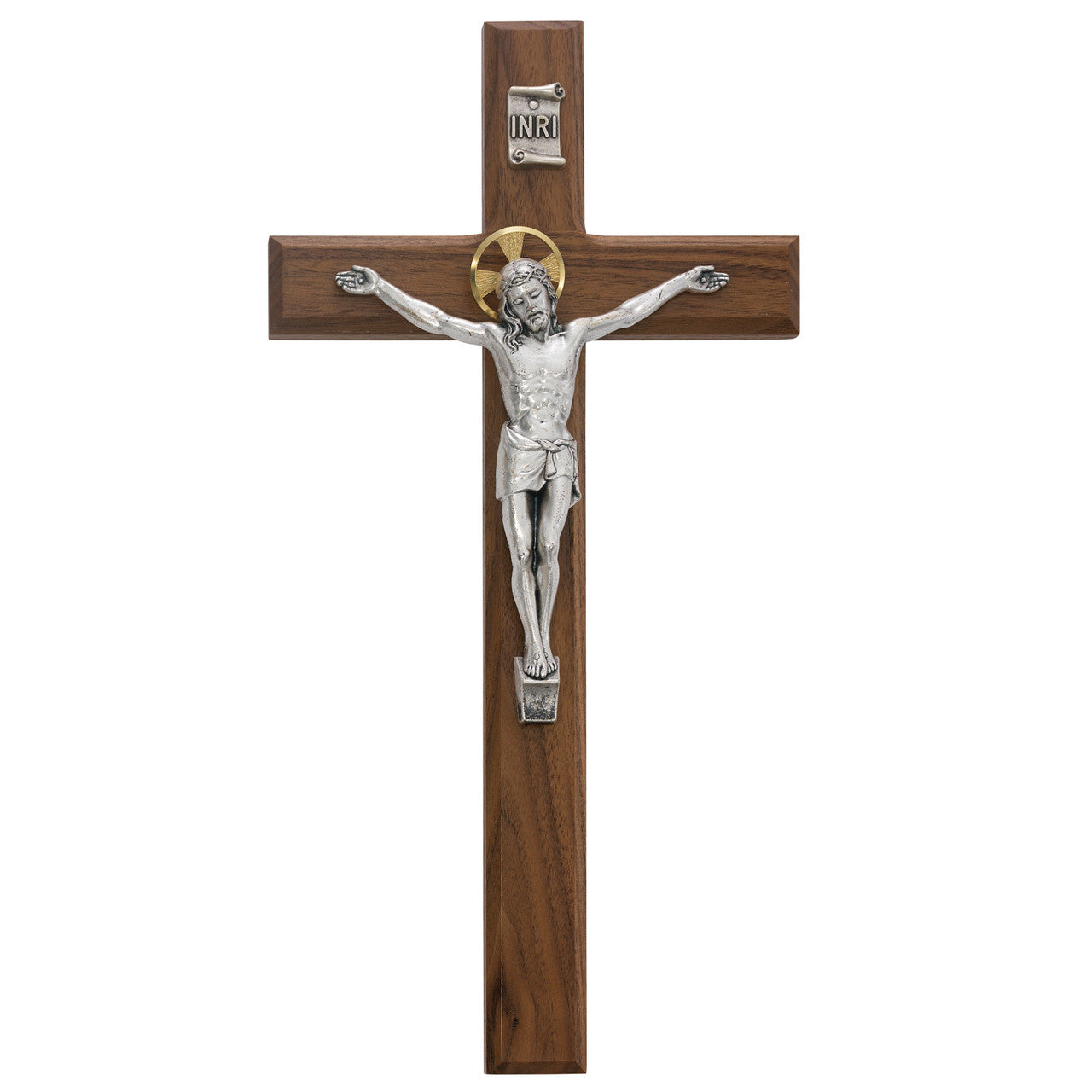 13" BEVELED WALNUT CRUCIFIX WITH SILVER CORPUS