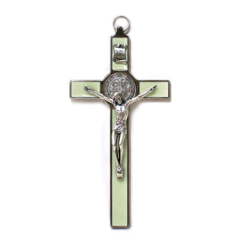 CRUCIFIX SILVER ST BENEDICT WITH ENAMEL LUMINOUS, 7.5"