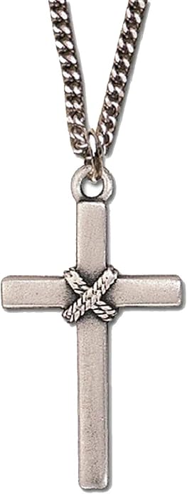 Pewter Cross Necklace with Rope Accent Hung 24" Chain in Gift Box MM481P