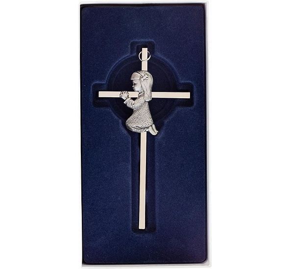 N1572G Silver Wall Cross, Blessing Baby Metal Cross, Great for Baptism, Perfect for First Holy Communion, Baby Shower, Birthday and Christening (girl)