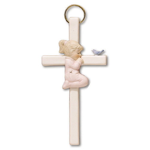 Bisque Porcelain 7 1/2in Praying Girl Wall Cross N-288G