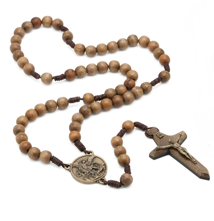 10MM WOOD BEAD ST. MICHAEL SWORD ROSARY.