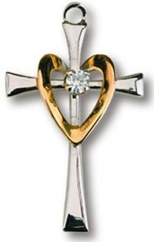 Sterling Silver   Golden Heart Crystal Stone Cross Necklace CM285