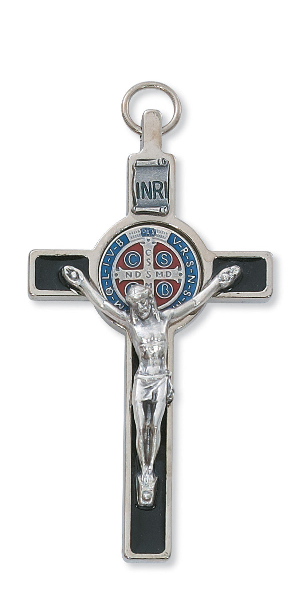 BLACK EPOXY WITH BLUE & RED EPOXY CENTER  3"INCHES SILVER ST BENEDICT CRUCIFIX