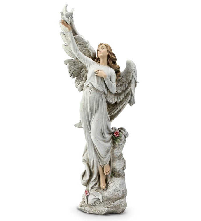 Angel Holding Dove Classic White 20 inch Resin Stone Collectible Figurine