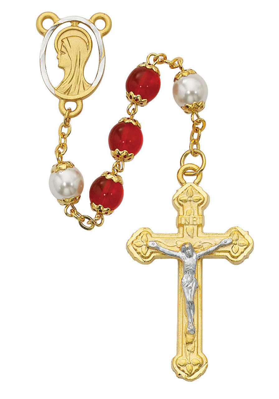 8MM RED/PEARL CAPPED ROSARY