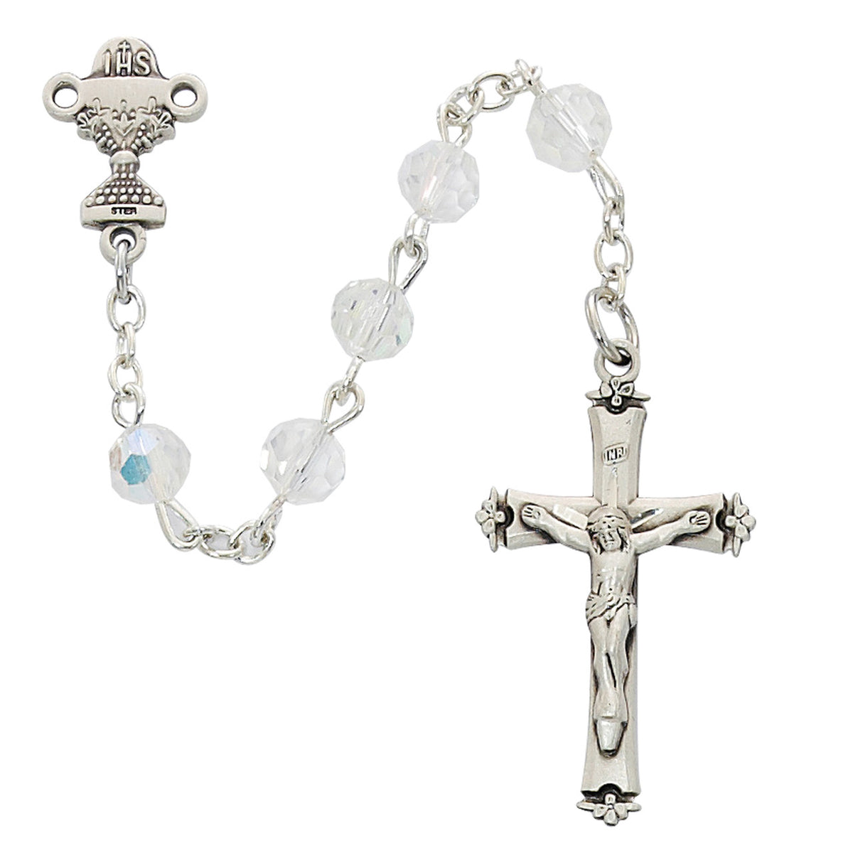 STERLING SILVER 6MM CRYSTAL COMMUNION ROSARY