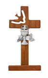 6" WALNUT CROSS WITH CUT OUT HOLY SPIRIT WITH PEWTER COMMUNION CHALICE