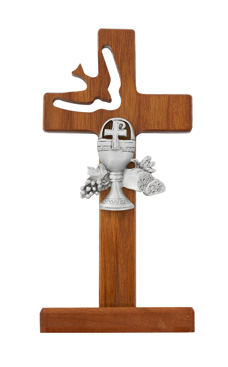 6" WALNUT CROSS WITH CUT OUT HOLY SPIRIT WITH PEWTER COMMUNION CHALICE