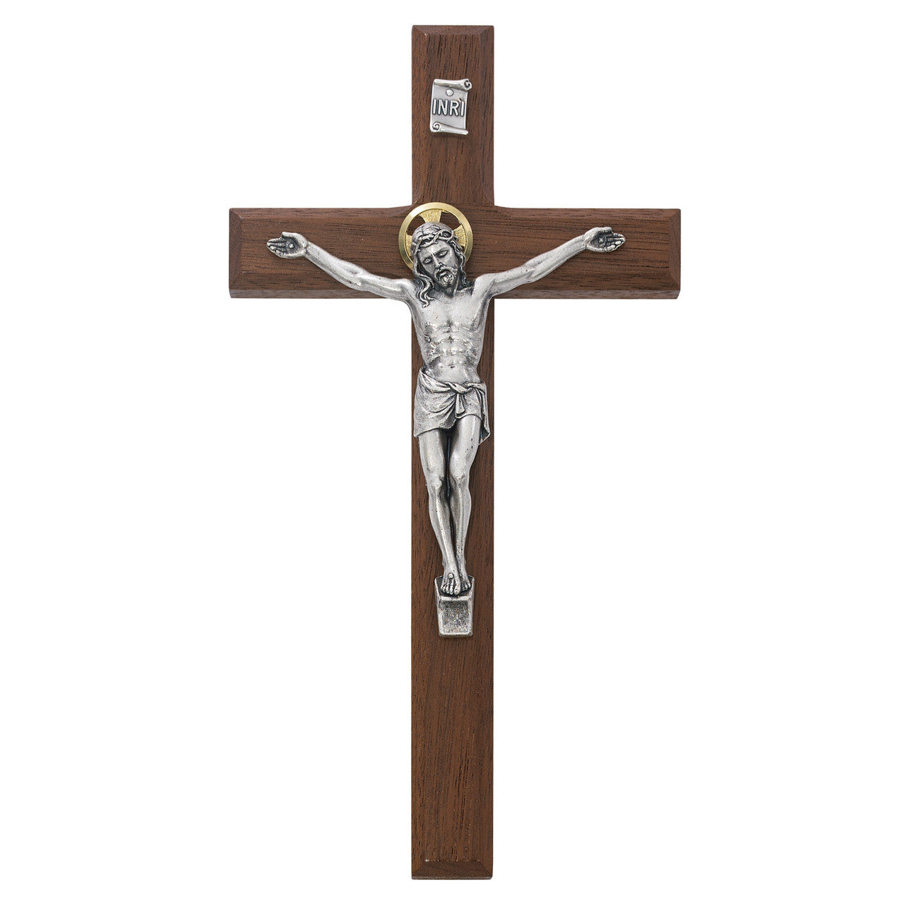 8" BEVELED WALNUT CRUCIFIX WITH SILVER CORPUS GOLD HALO