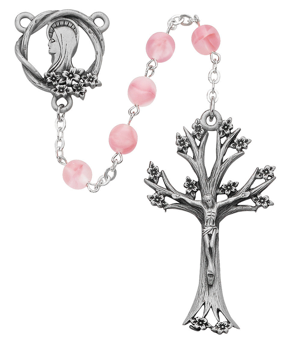 7MM BEAD FROSTED ROSE GLASS DOGWOOD CRUCIFIX ROSARY PINK