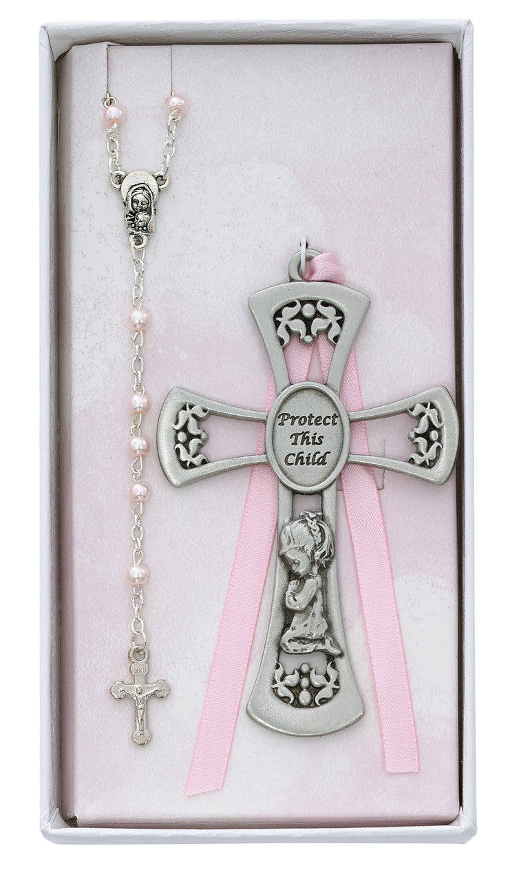 PEWTER GIRL CROSS/ROSRY SET