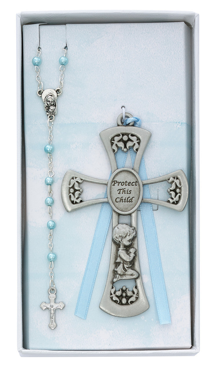 Baptism or Baby Shower Pewter Boy Cross Rosary Set