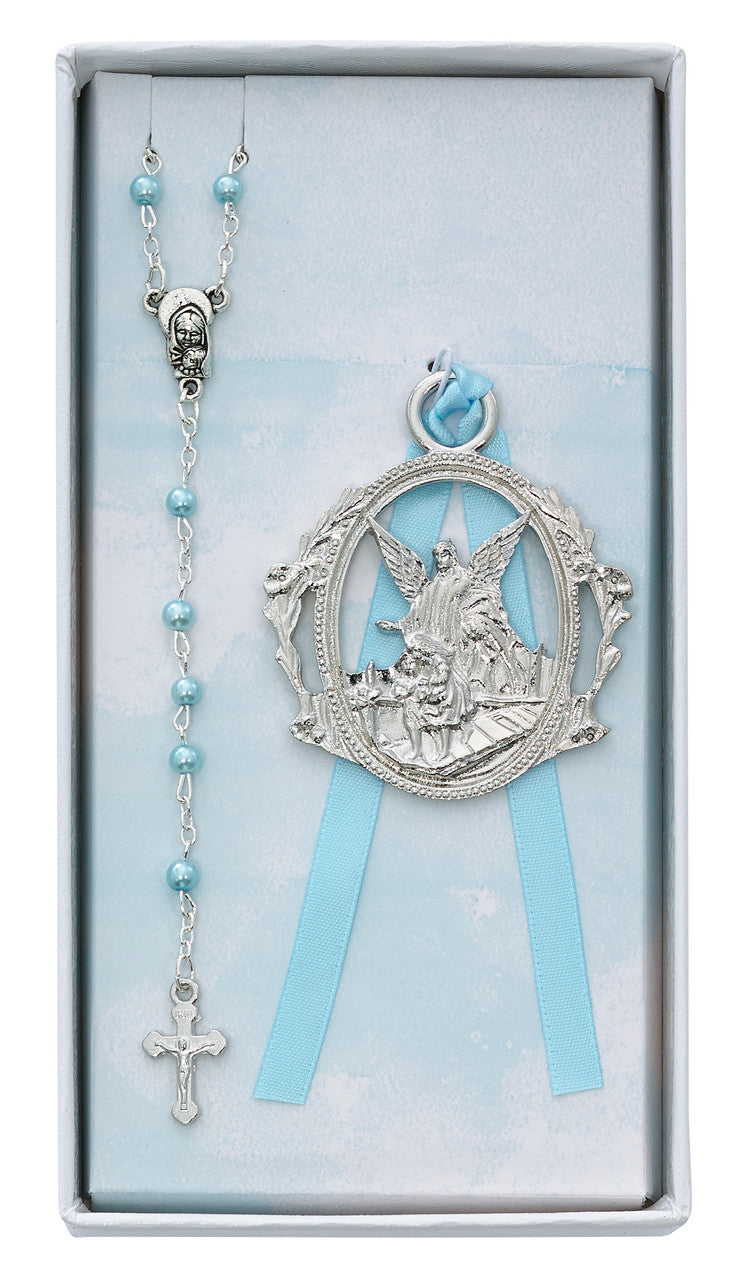Guardian Angel BLUE ROSARY & CRIB MEDAL Gift Set