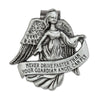 Pewter Guardian Angel Visor Clip Reads: Never drive faster than your guardian angel can fly.