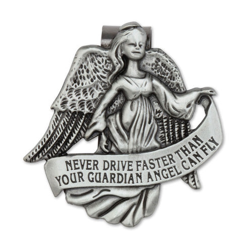 Pewter Guardian Angel Visor Clip Reads: Never drive faster than your guardian angel can fly.