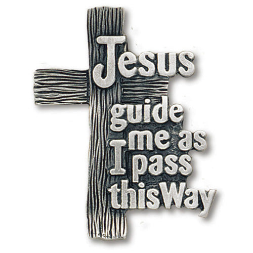 Jesus Guide Me Pewter Visor Clip Reads: Jesus guide me as I pass this way.