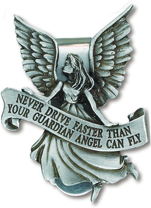 Never Drive Faster Than Your Guardian Angel Can Fly Pewter Auto Visor Clip 2" LengthL8