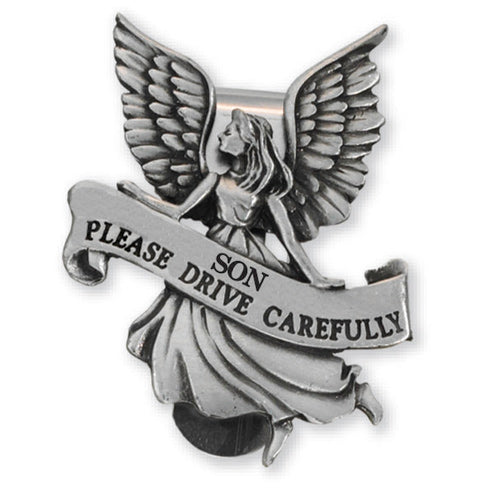 Guardian Angel Pewter Visor Clip for Sons  Reads: Son please drive carefully