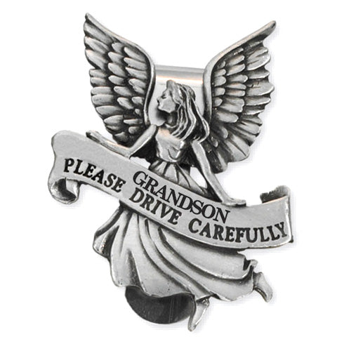 Guardian Angel Pewter Visor Clip for Grandsons Reads: Grandson please drive carefully.