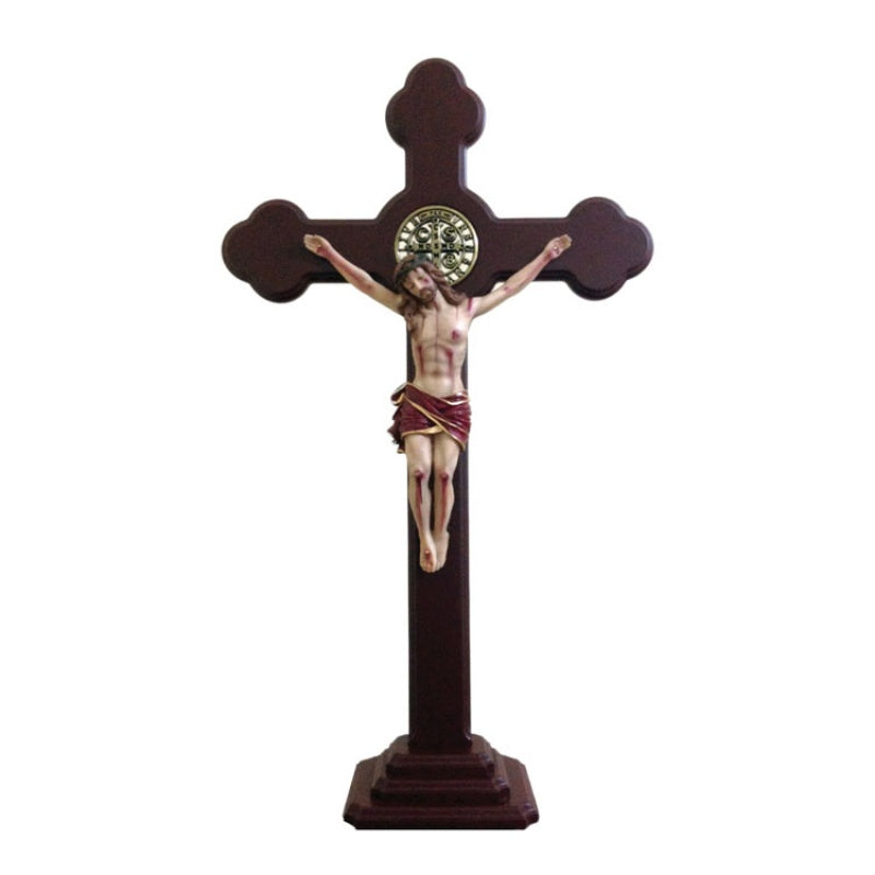 CRUCIFIX 31" RED WOOD RESIN CORPUS with BASE