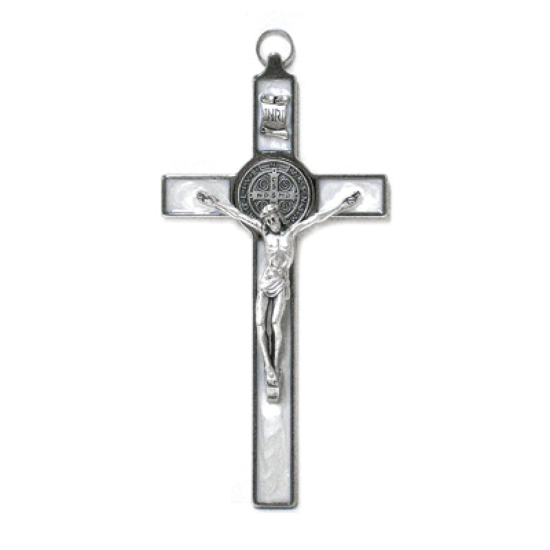 CRUCIFIX SILVER ST BENEDICT WITH ENAMEL WHITE, 7.5"