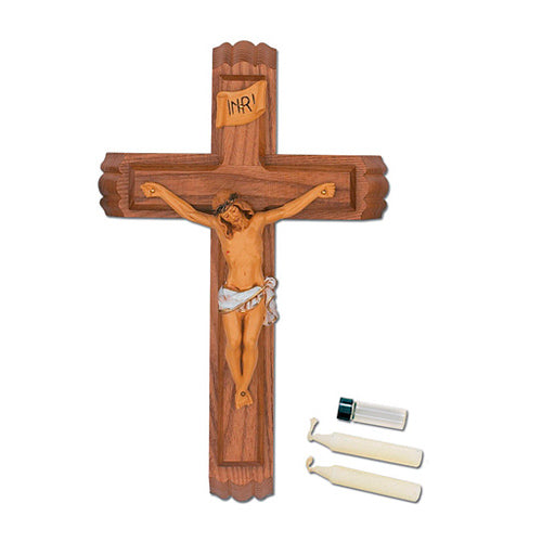 Walnut 13in Wall Crucifix Sick Call Set with Italian Corpus