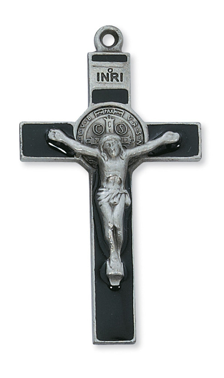 PEWTER ST BENEDICT CRUCIFIX WITH BLACK ENAMEL WITH 24" SILVER TONE CHAIN