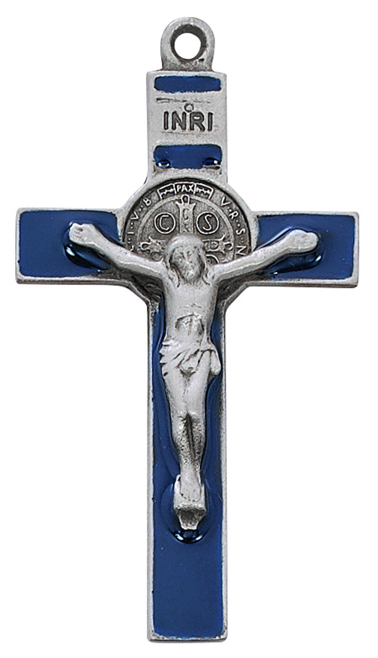 PEWTER ST BENEDICT CRUCIFIX WITH BLUE ENAMEL WITH 24" SILVER TONE CHAIN