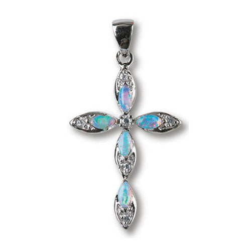 Sterling Silver 1in Opal and Cubic Zirconia Cross 18in Necklace