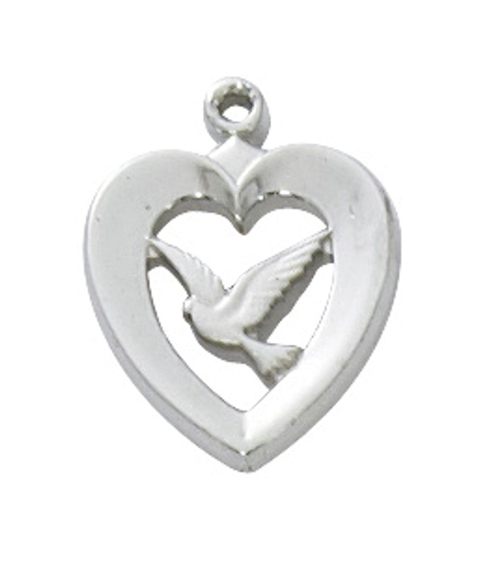 L638 Confirmation Sterling Silver Heart with Dove 18" Rhodium Plated chain Mvan