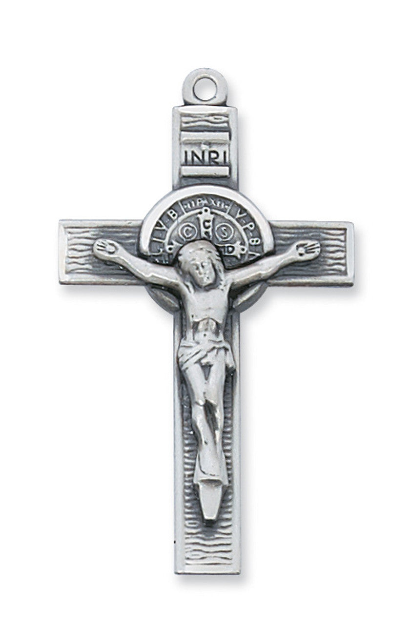 STERLING SILVER ST. BENEDICT CRUCIFIX WITH 24" STAINLESS STEEL CHAIN.