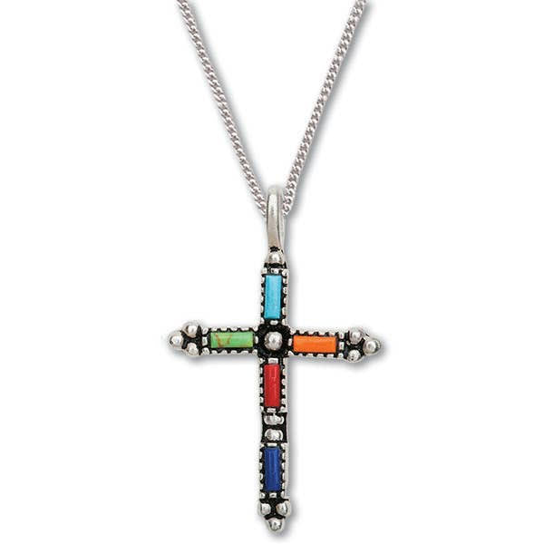 Sterling Silver Cross/Genuine Gemstones Necklace, 1″