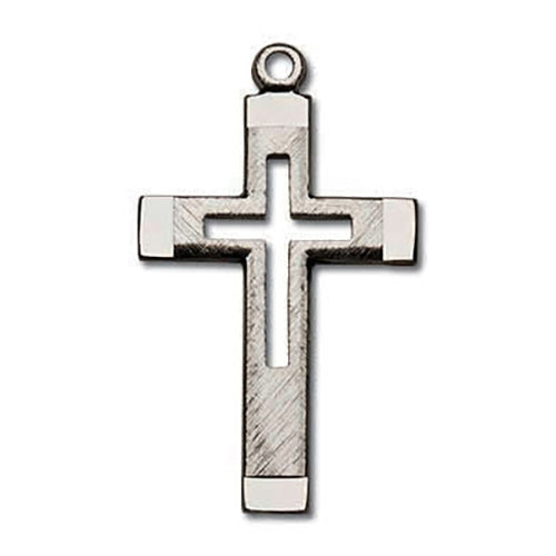 Sterling Silver Cross with Cross Cut-out center on 24″ heavy weight, Stainless Steel chain