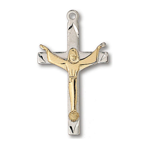 Sterling Silver 1 1/4in Christ Risen Cross on 24in Steel Chain MC578