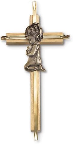7'' inches Girls Wood With Gold Plated Brass Inlay Cross