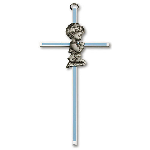 6in Gold Plated Praying Boy Blue Wall Cross