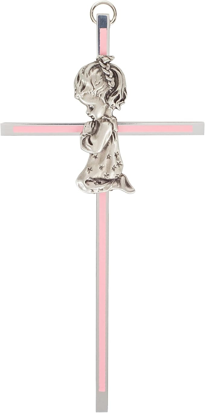 Praying Little Girl Pink 6 Inch Metal Hanging Wall Cross N2029G
