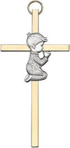 4 inch Antique Silver Praying Boy on a Polished Brass Cross