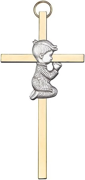 4 inch Antique Silver Praying Boy on a Polished Brass Cross