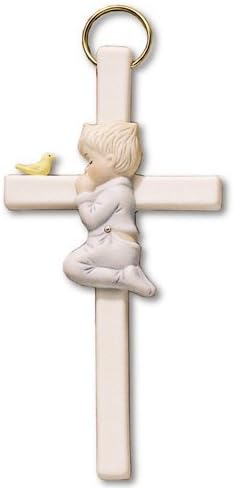 7 1/2in Praying Boy Bisque Porcelain Wall Cross/Ceramic