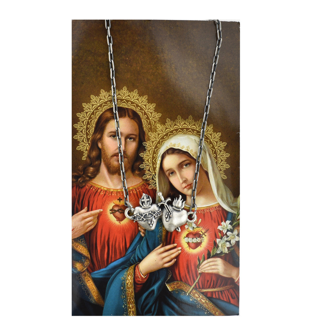 STAINLESS STEEL IMMACULATE,SACRED HEART JESUS CONSECRATION PENDANT WITH HOLY CARD WITH PRAYER ON BACK.