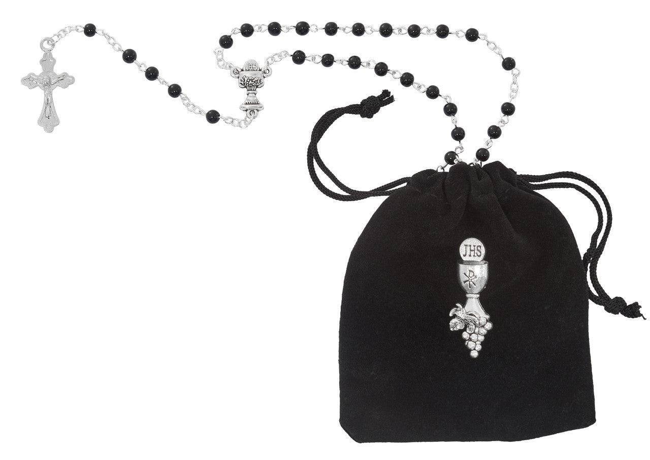 4MM Black Glass Rosary with Silver First Communion Pin And Black Organza Draw string Bag mvan