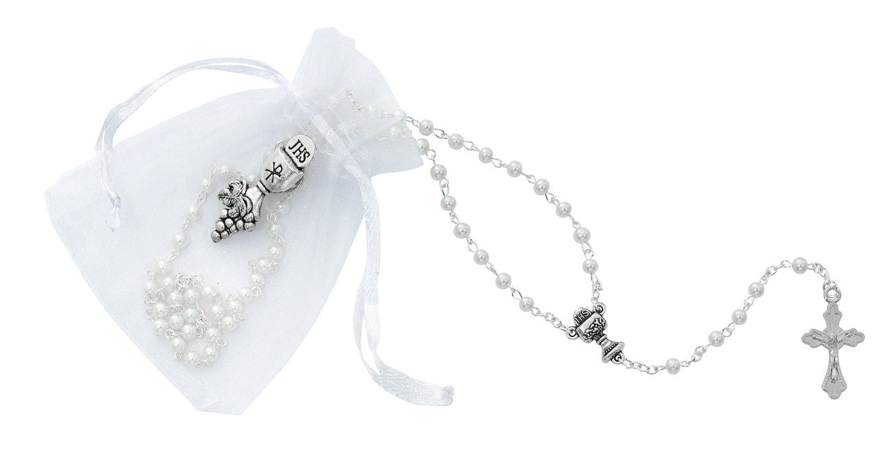 4MM White pearl Rosary With Silver First Communion Pin Set