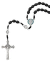 8X10MM BLACK WOOD ST. BENEDICT ROSARY WITH SILVER OX CRUCIFIX AND CENTER. BLUE ENAMEL CENTER AND ST. BENEDICT