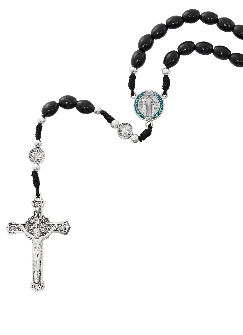8X10MM BLACK WOOD ST. BENEDICT ROSARY WITH SILVER OX CRUCIFIX AND CENTER. BLUE ENAMEL CENTER AND ST. BENEDICT