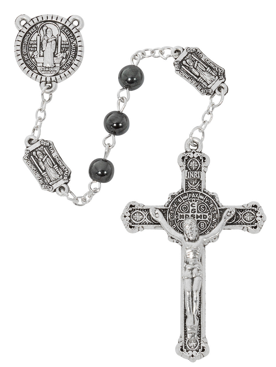 6MM HEMATITE ST. BENEDICT ROSARY WITH ZINC CRUCIFIX,
