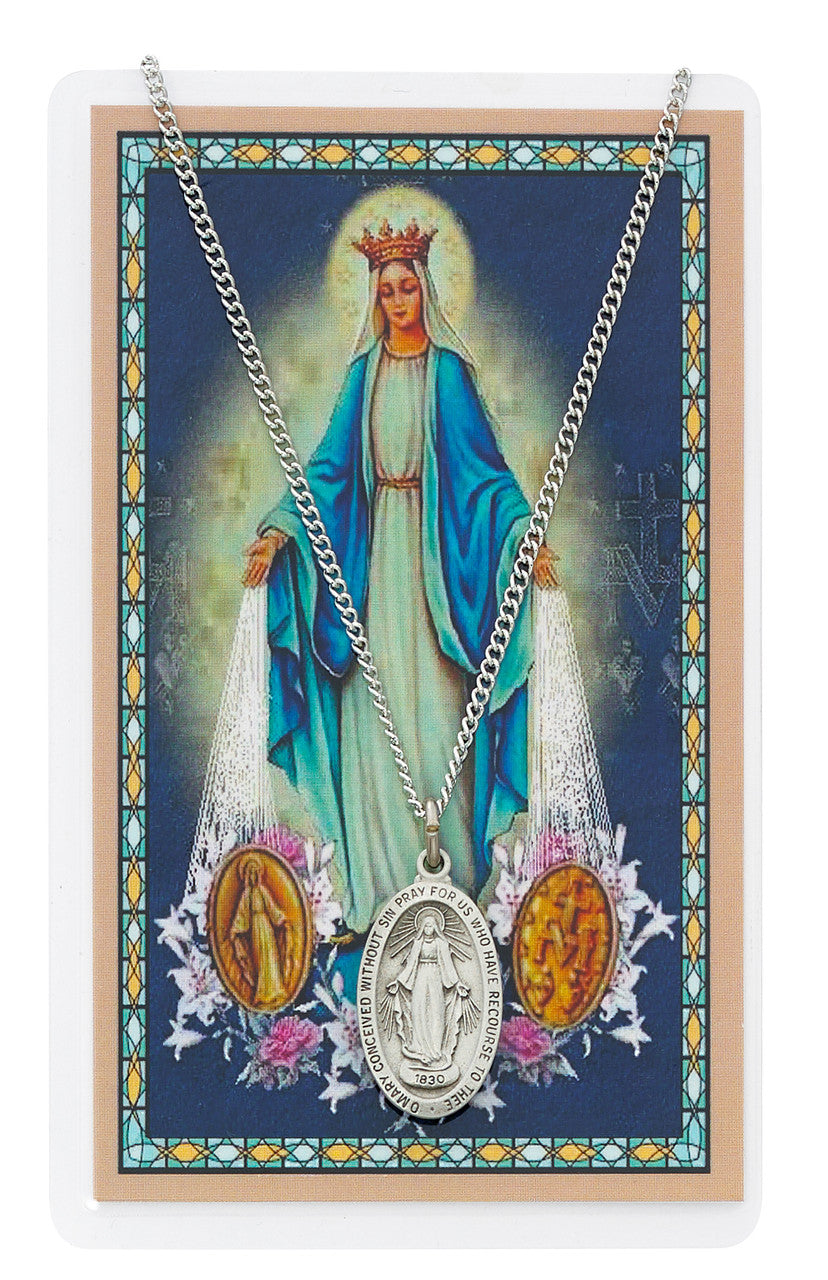 MIRACULOUS MEDAL PRAYER CARD SET INCLUDES 18" SILVERTONE CHAIN