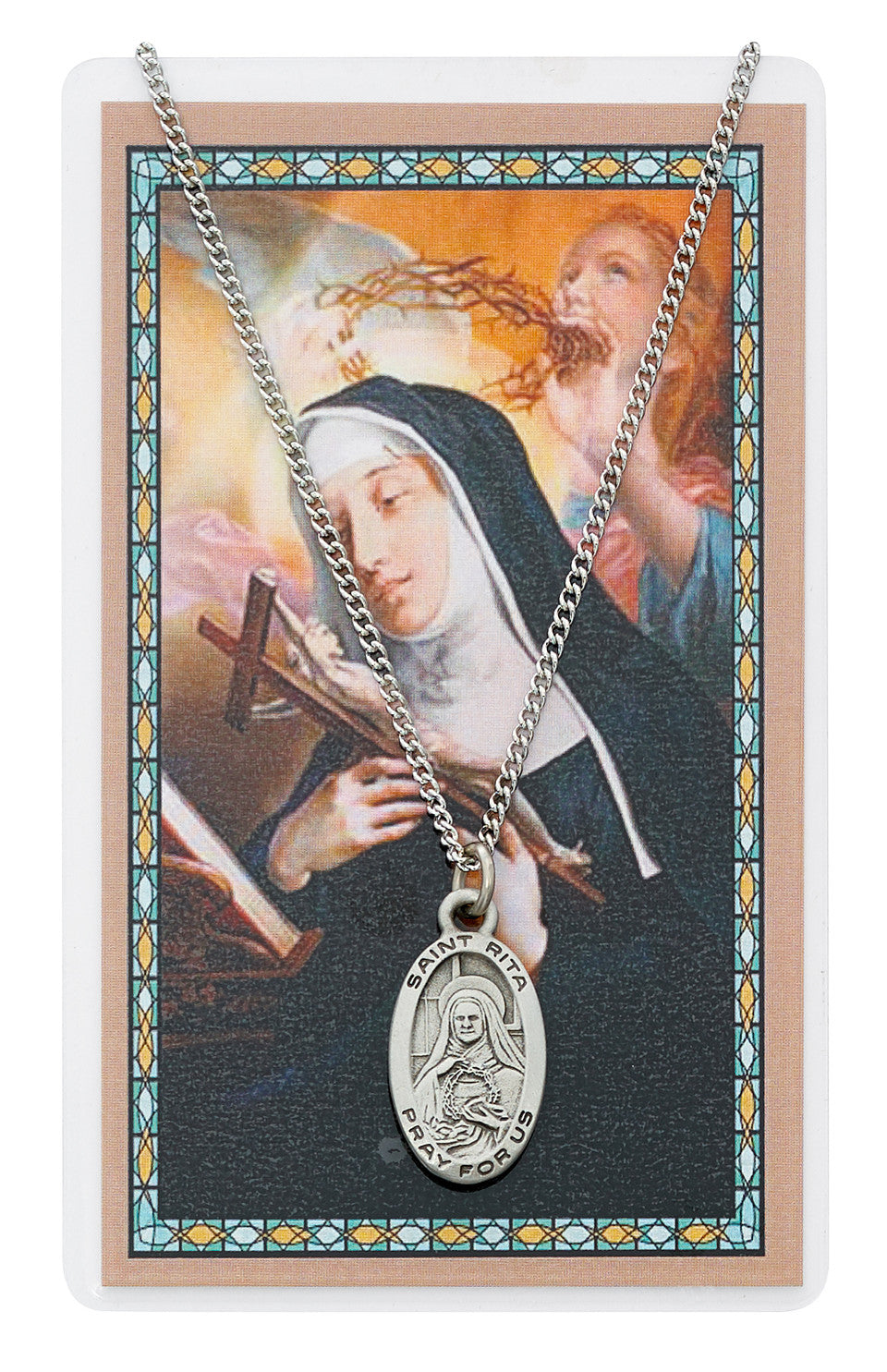 ST RITA PRAYER CARD SET PEWTER MEDAL INCLUDES 18" INCHES SILVERTONE CHAIN