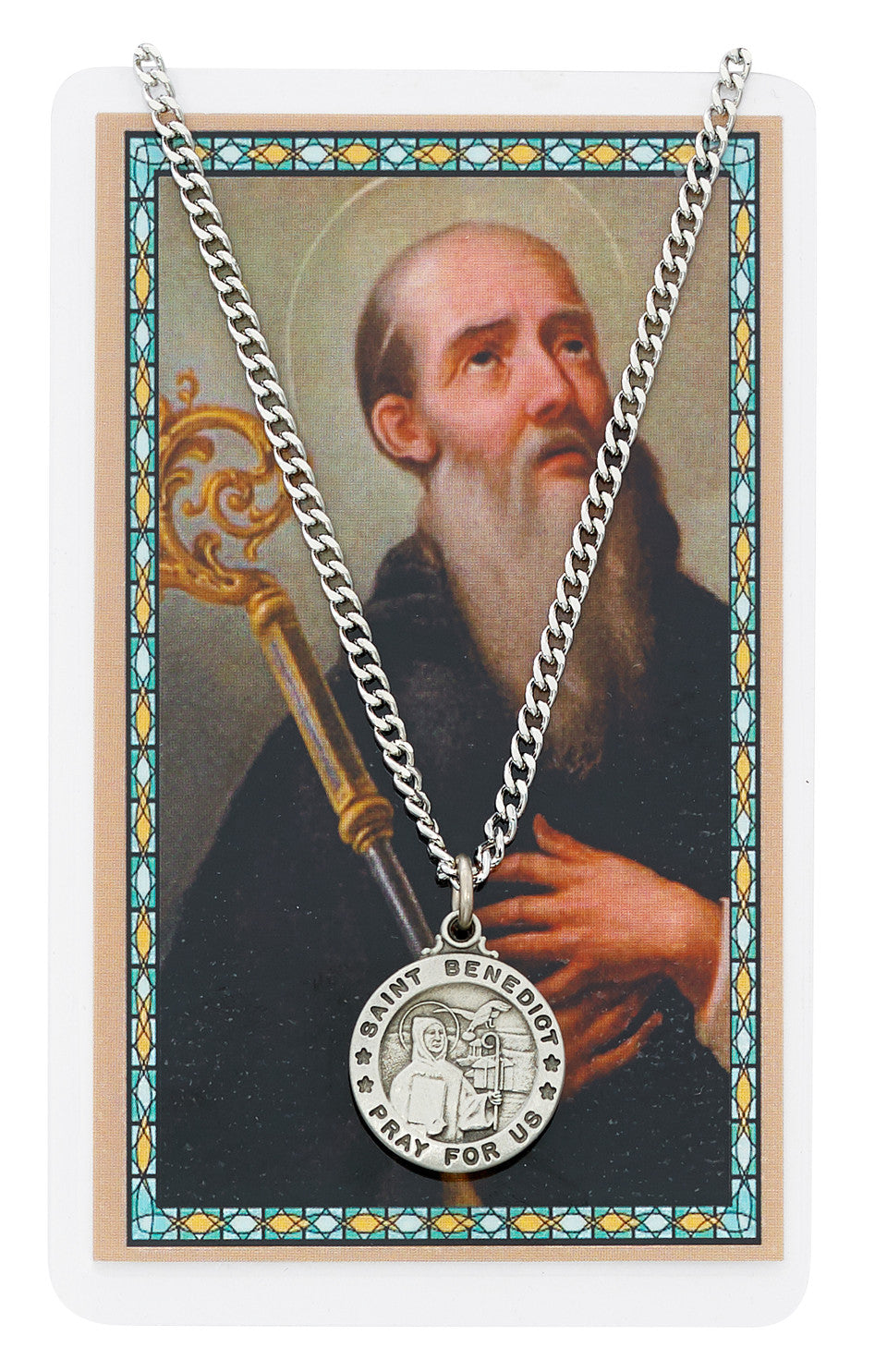 ST. BENEDICT PRAYER CARD SET INCLUDES 24" SILVERTONE CHAIN